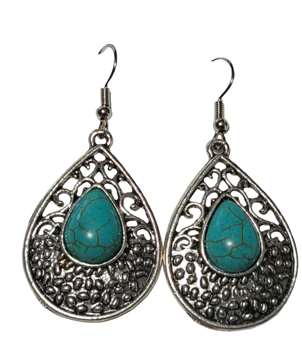 Silver Turquoise Stone Drop Dangle Fashion Earrings